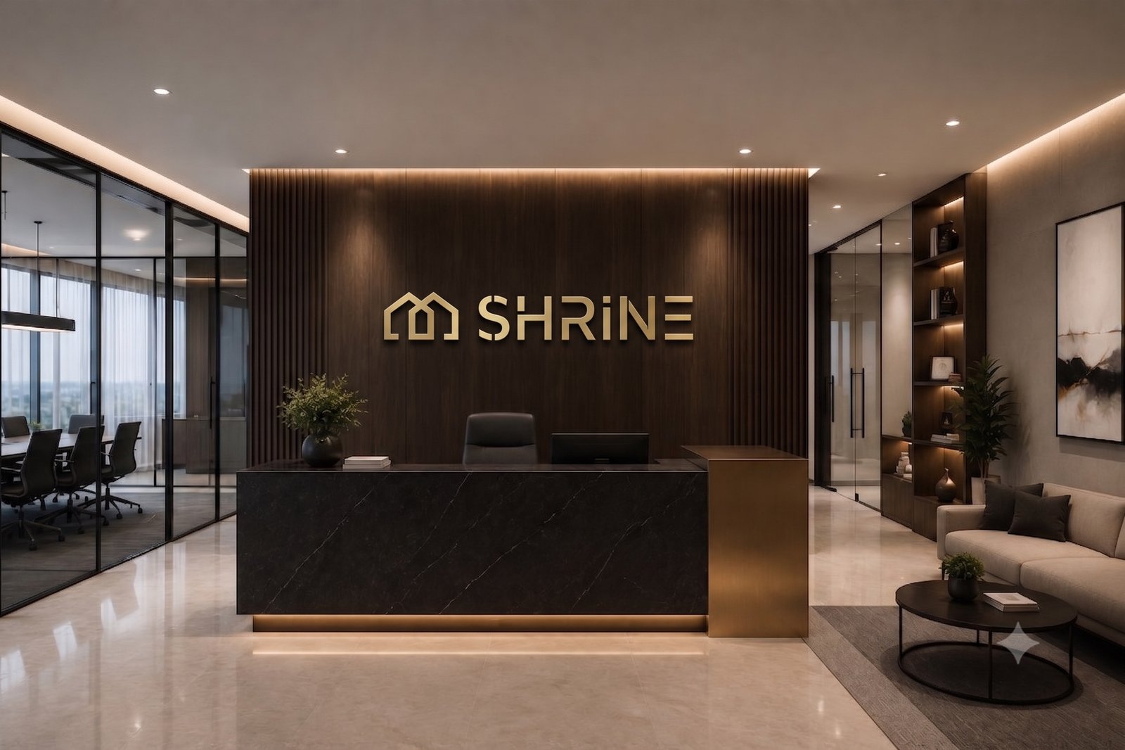 Luxury workspace lounge area with warm wood accents and mid-century furniture
